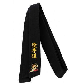 ceinture noire de karate budofight avec kanji brodés chez ring et tatami